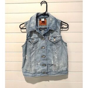 Levi's Distressed Denim Vest Light Wash Blue Trucker Style Small